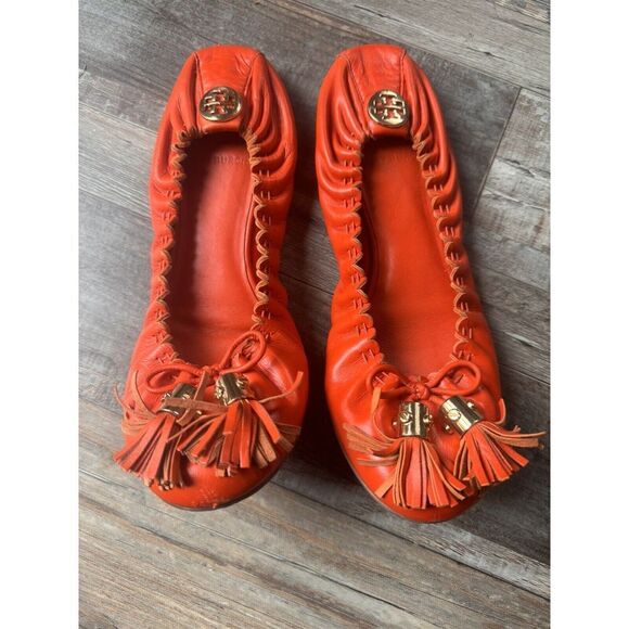 Tory Burch Flats Women's Size‎ 7.5M Reese Tassel Scrunch Ballet Orange Leather - Picture 1 of 7
